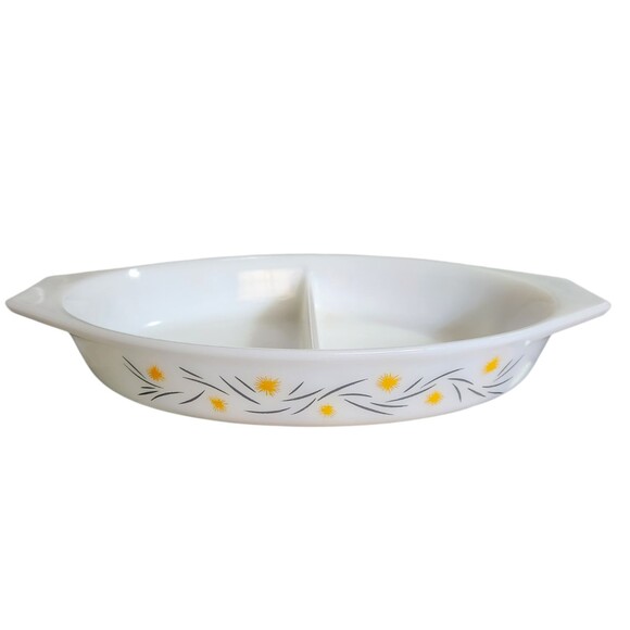 Vintage Rigopal Horno Argentina Pyrex Divided Dish Opal Glass w/ Yellow Flowers